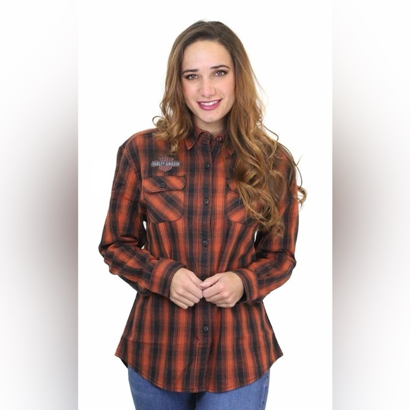 HARLEY-DAVIDSON WOMEN'S OAK LEAF PLAID FLANNEL RELAXED FIT SHIRT MEDIUM - Picture 1 of 9